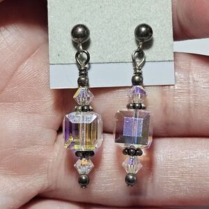 Sterling Silver Crystal Cubed Beaded Dangling Earrings